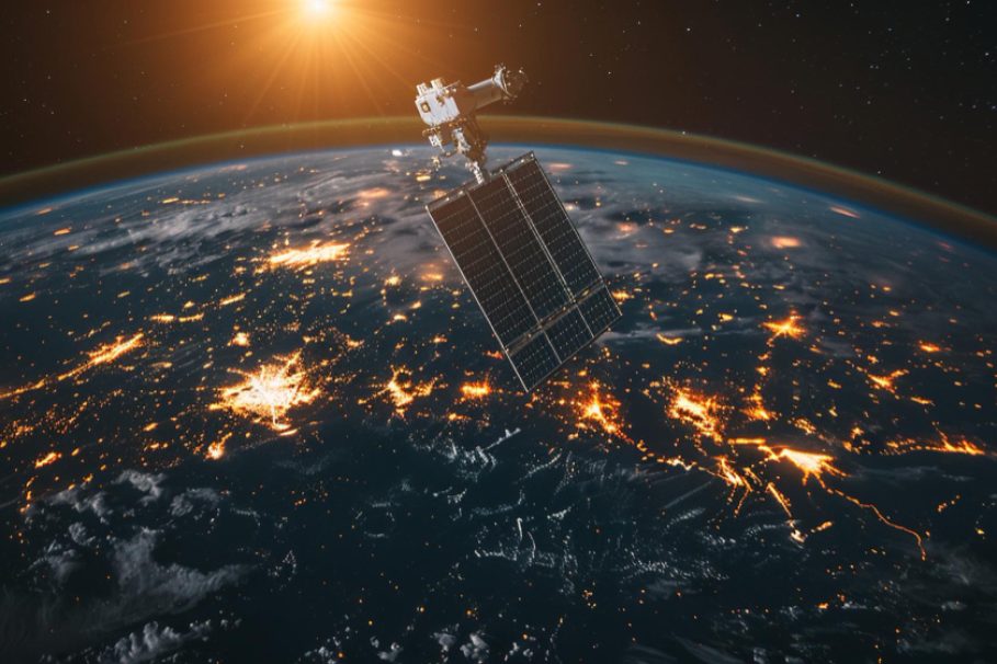 satélite Satélite em órbita da Terra com painéis solares voltados para o Sol, planeta parcialmente iluminado mostrando luzes urbanas à noite e curvatura visível contra o fundo espacial estrelado.