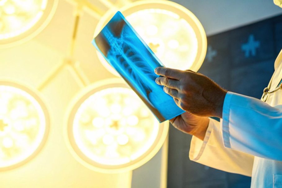 Hospital Médico segurando uma radiografia em uma sala cirúrgica iluminada, observando atentamente a imagem do tórax do paciente.
