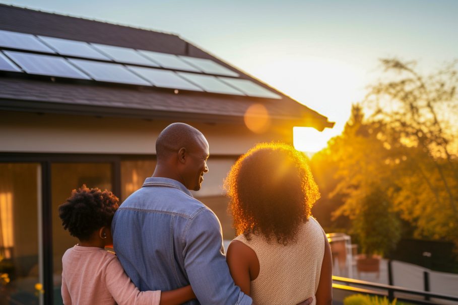 energia-solar-crise-energetica Família observando o pôr do sol na varanda de casa com painéis solares no telhado, transmitindo uma sensação de harmonia e sustentabilidade.